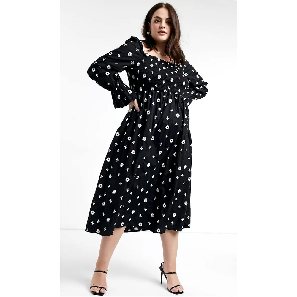 ASOS Embroidered Puff Sleeve Shirred Midi Dress in Black Cross Print 6